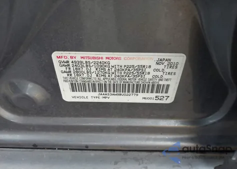 2011 Mitsubishi Outlander Se z USA, uszkodzony, nr VIN JA4AS3AW9BU022779